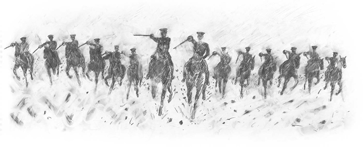  Rae Smith, Cavalry Charge II, Pencil and charcoal on paper, 240 x 550mm, War Horse, written by Michael Morpurgo, published by Egmont Publishing, 2013