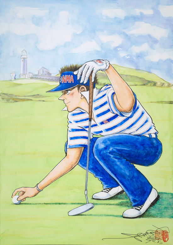 Chiba Tetsuya (b. 1939), Fair Isle Lighthouse Keepers Golf Course, Scotland. Ink and colour on paper, 2015. Loaned by the artist. © Chiba Tetsuya.