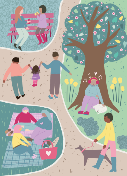 People in a park. Illustrated by Tasha Goddard for DK Books.