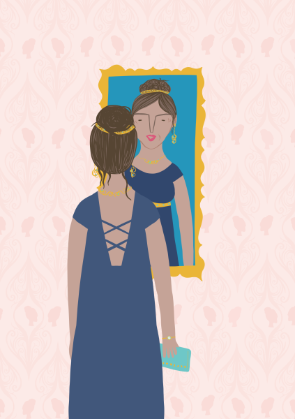 Illustration of a woman looking in mirror before going out