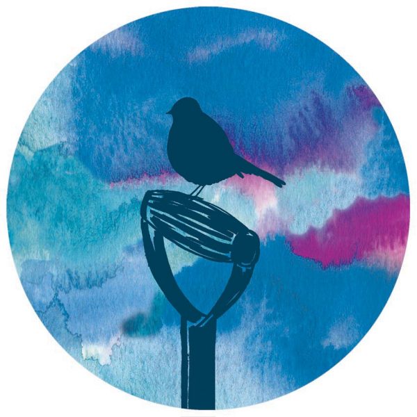 robin on spade on watercolour 150 blue rgb