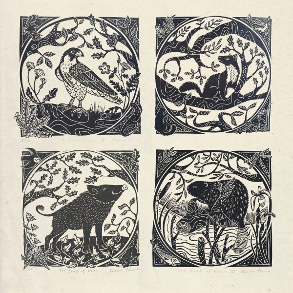 Beasts of Dean - four linocuts of animals that have returned to the Forest of Dean following local extinction