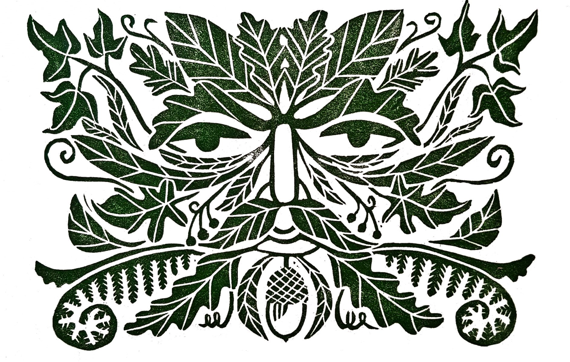a cut-to-white linocut print of a foliate face green man.