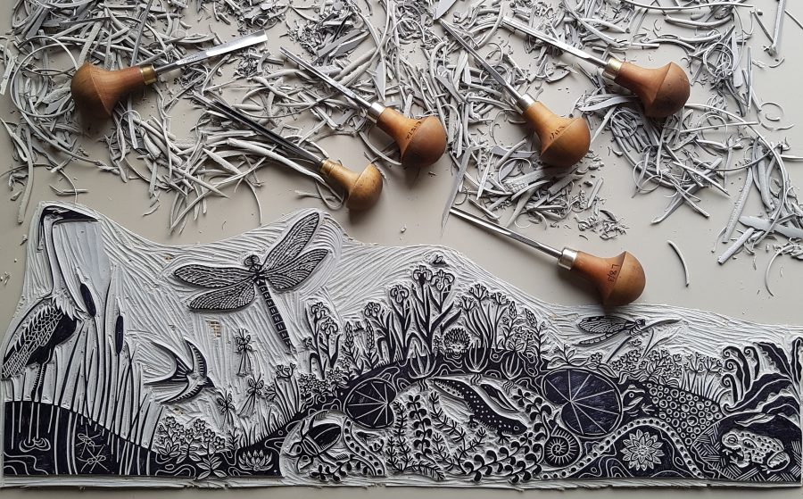 The Pond carved lino block