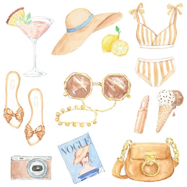 Fashionable summer items in watercolor