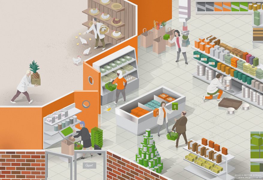 Atea - editorial illustration - IT services depicted as a grocery store; Locally production (of eggs) Suppliers / data centers in cloud (man delivering pineapples), customer checking orders (self-service checkout), clear cost structure (ready picked groceries), modern technology - new hard drives etc (employee picks out expired products from shelves), employee helping customer (checking quality and helping customers choosing the right products). Client: Atea