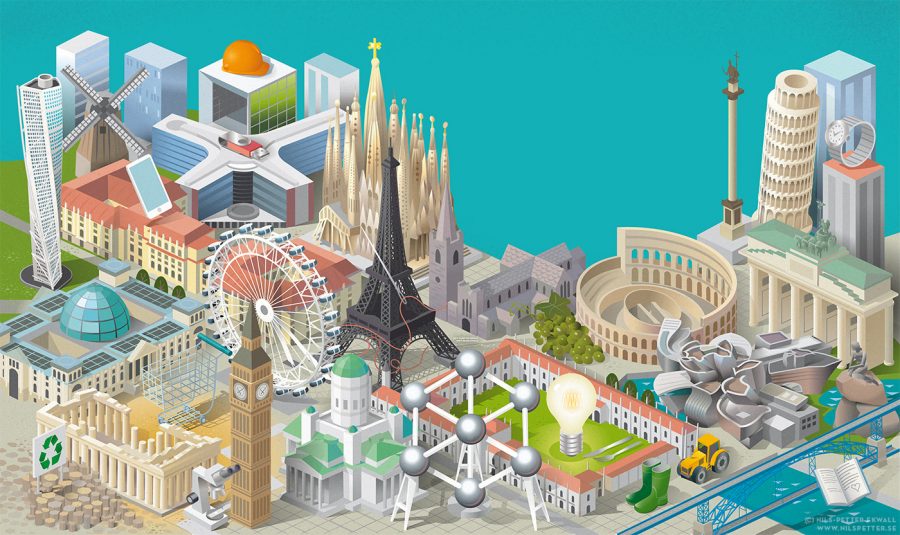 Nils-Petter was commissioned by Wardour to illustrate London Stock Exchange Group's 1000 Companies to Inspire Europe 2017. 1000 Companies to Inspire Europe is an annual report which identifies Europe's most dynamic and fast-growing small and medium-sized businesses. The illustration - a cityscape made up of European landmarks was used for the cover and on the inlays of the report and contains landmarks like Turning Torso, Little Mermaid, Brandenburg Gate, German Reichstag, Big Ben, London Eye, Eiffel Tower, Grande Arche, Colosseum, The Leaning Tower of Pisa, King Sigismund's Column, Atomium, Schönbrunn Palace, Helsinki Senate Square, Gigants Causeway, St Patricks Cathedral, Acropolis, Dom Louis I Bridge, Jerónimos Monastery and Berlaymont EU office.