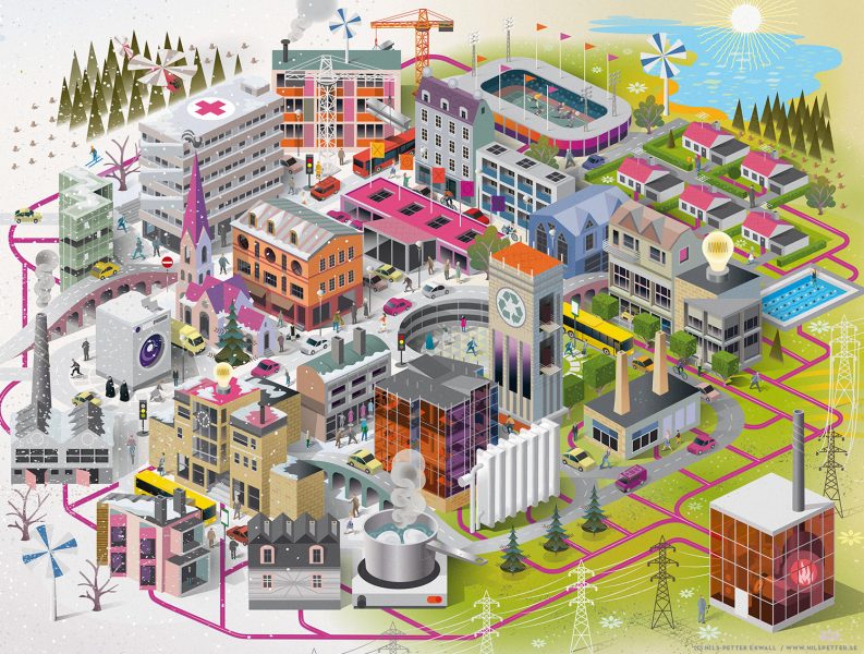 Swedish District Heating Association. Illustration for the Swedish District Heating Association's project to explain and highlight the benefits of a sustainable, low-carbon and ecological sound heating industry - included a detailed cityscape showing the city-wide district heating network