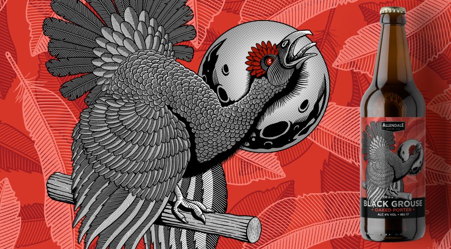 Black Grouse beer label design for Allendale Brewery