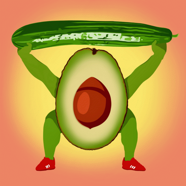 Avocado Weightlifting a Cucumber