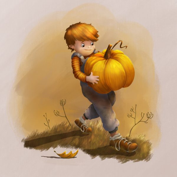 Boy carrying a pumpkin in Autumn