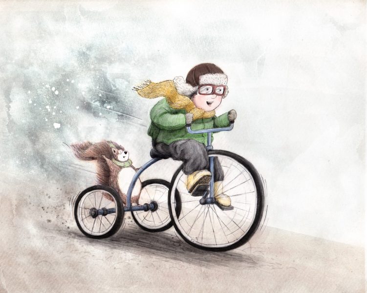 Boy and Squirrel riding a Tricycle