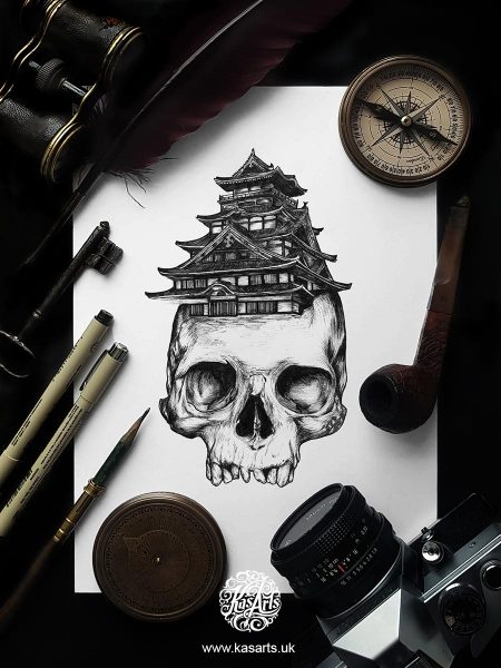 inktober-2018-skull-architecture-japan-kasarts