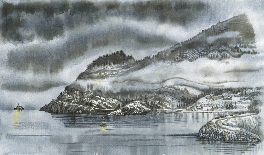 Misty fjord and troll-like mountain (Norwegian landscape)