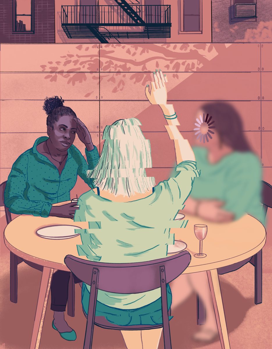 Three women sit around a table. One woman has her hand against her head, frustrated. The other is glitching like she has a bad connection. The third is out of focus with a loading wheel in front of her face.