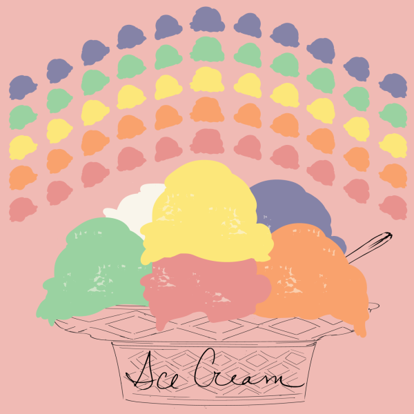 Rainbow Ice Cream Scoops Over Bowl Filled with Rainbow Scoops