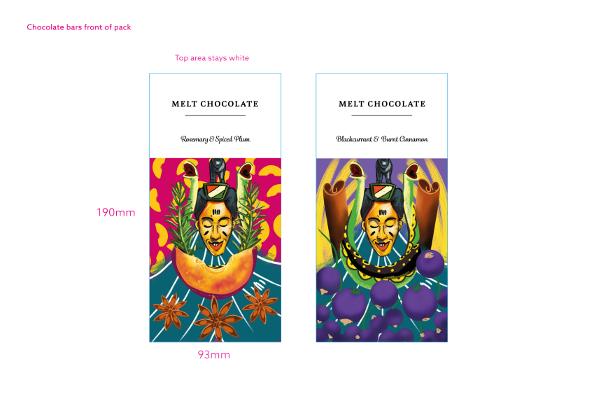 Inside Illustration food pack Melt chocolate | Inspired by the vibrant dances of Zaouli traditions, these chocolate bars celebrate their independently sourced cocoa from the Cote d'lvoire.