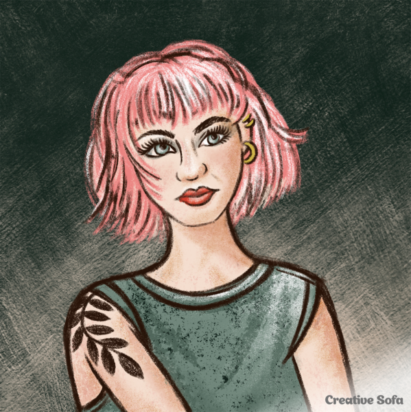 Illustrated Portrait of a Teen with Pink Hair and Tattoo by Lisa Miles at Creative Sofa