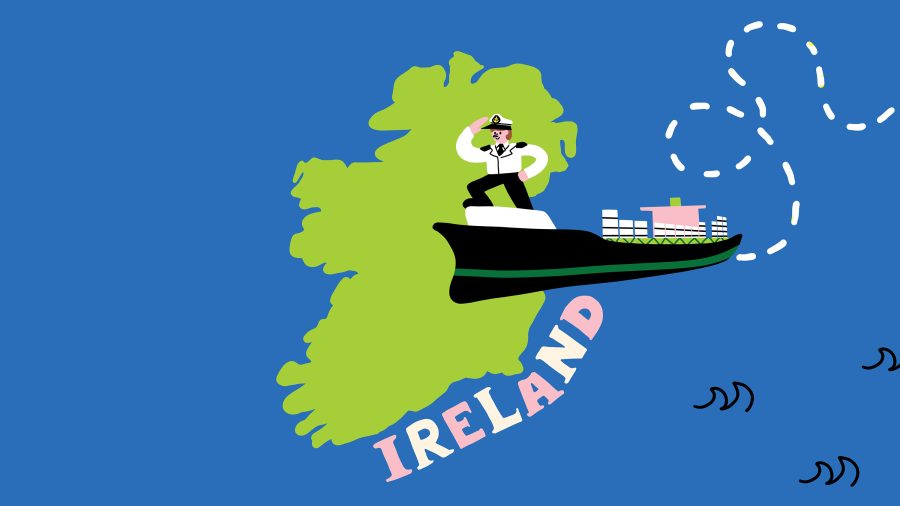 Illustration of a banana shipment sailing to Ireland for Goal NextGen