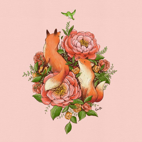 The Red Foxes and Coral Sunset Peonies