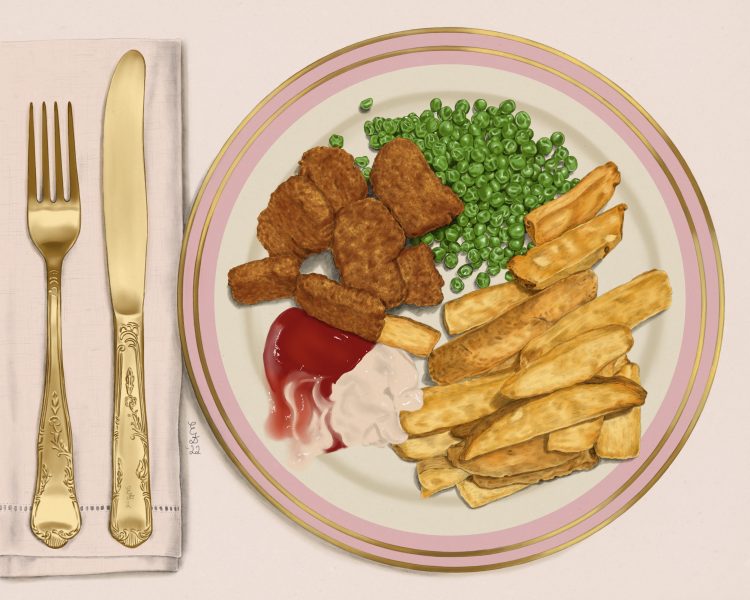 Nuggies, peas and chips