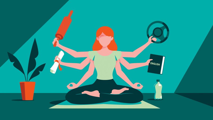 Female character yoga pose wellness editorial illustration