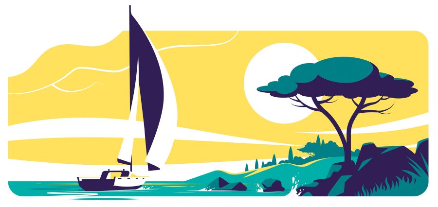 Sailing boat landscape vector illustration