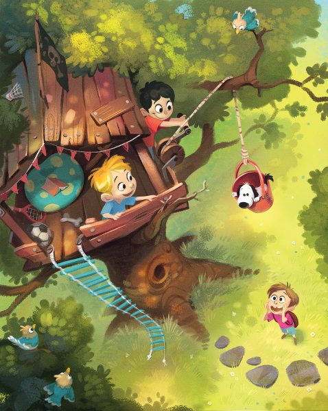 Children climbing treehouse character illustration