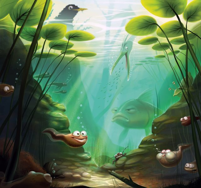 Underwater pond animals children's character illustration