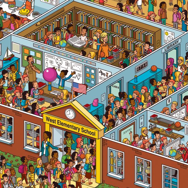 Crowded elementary school cross section isometric illustration
