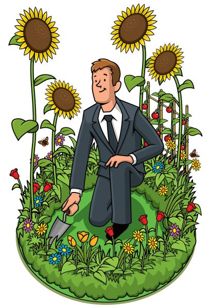 Man in suit gardening illustration