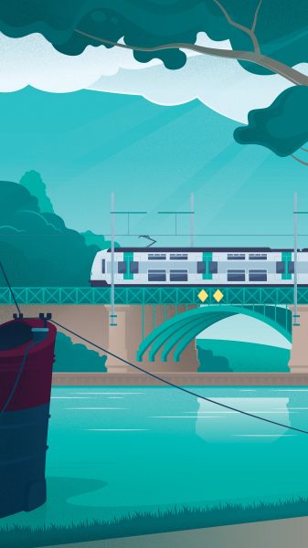 Train passing bridge river scene illustration
