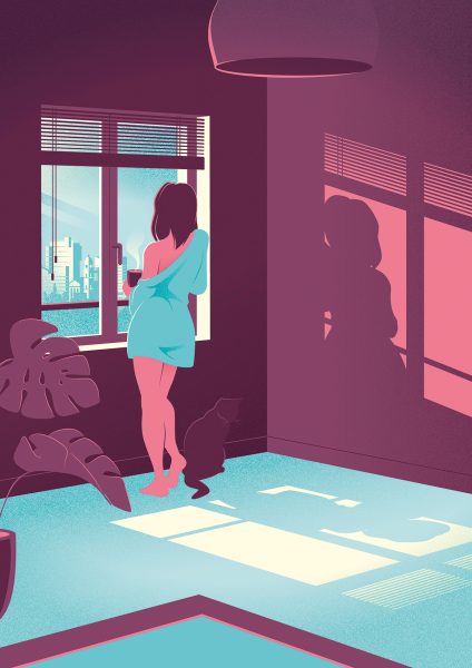 Woman gazing out of window scene illustration
