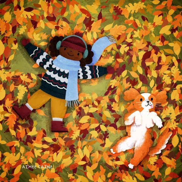 Autumn leaves - a girl and her dog.