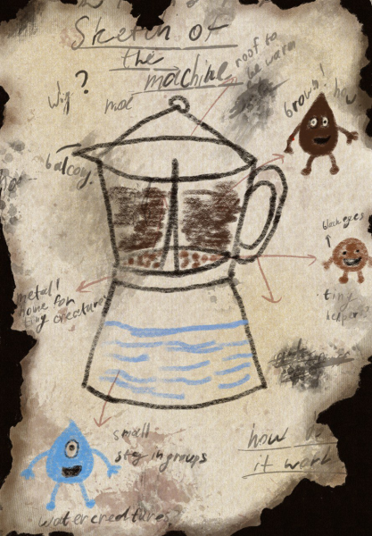 A very old study note of a coffee pot and its inhabitants