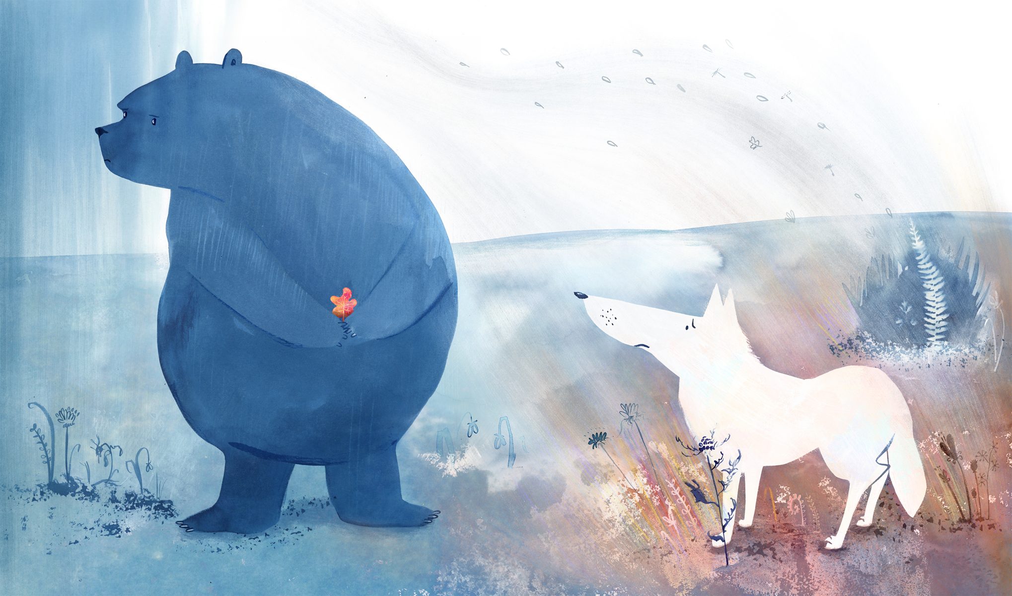 A large blue Bear is torn between retreating to the shadow to his left, or staying in the light with his friend, the wolf.