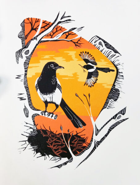 Sinead Woods - magpie linoprint