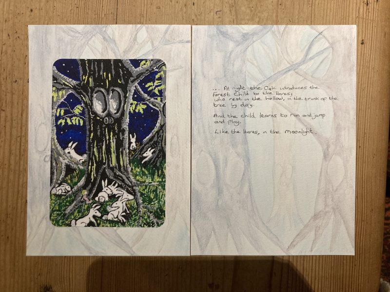 Forest Child with Hares, Playing at Night Animals Children's book hand painted hand drawn character