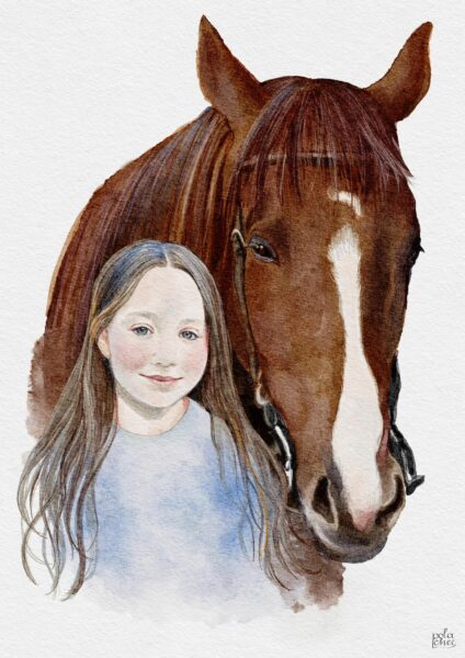 Girl and horse portrait, digital watercolor
