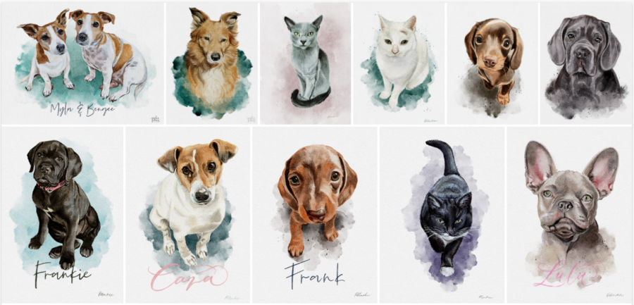 Set of custom pet portrait, digital watercolor