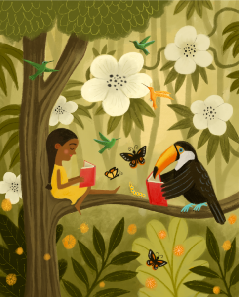 Girl and toucan reading
