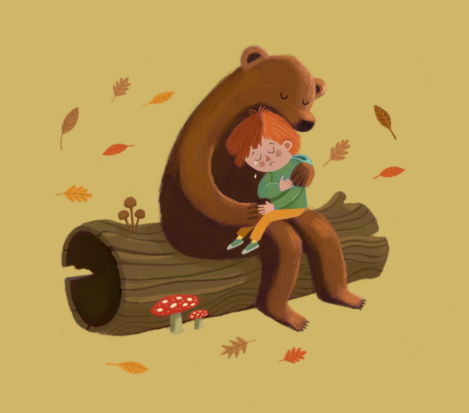 Bear cuddling sad boy