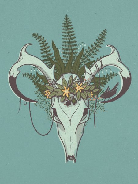 Deer skull with forest ferns and flowers