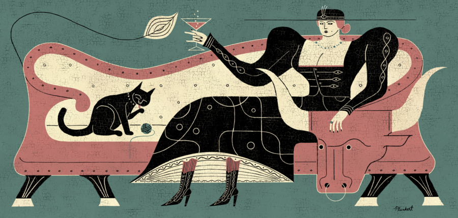 Women on Bull Couch with Black Cat