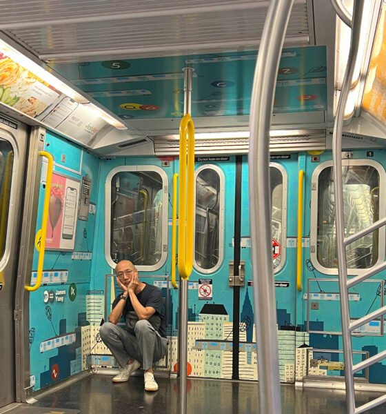 James squatting in the end-cap of a subway car featuring his art...a major honor being selected for this projecct!