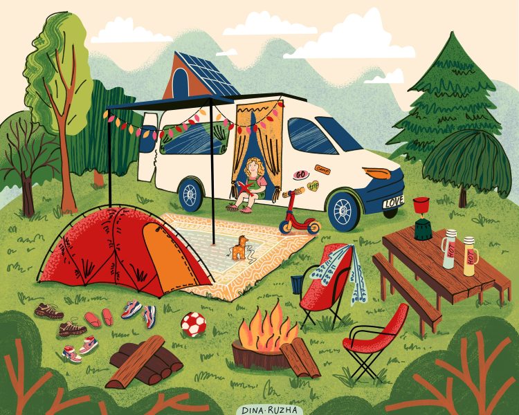 eco-friendly-camping-scene-illustration-solar-powered-van-tent-outdoor-leisure-by-Dina-Ruzha
