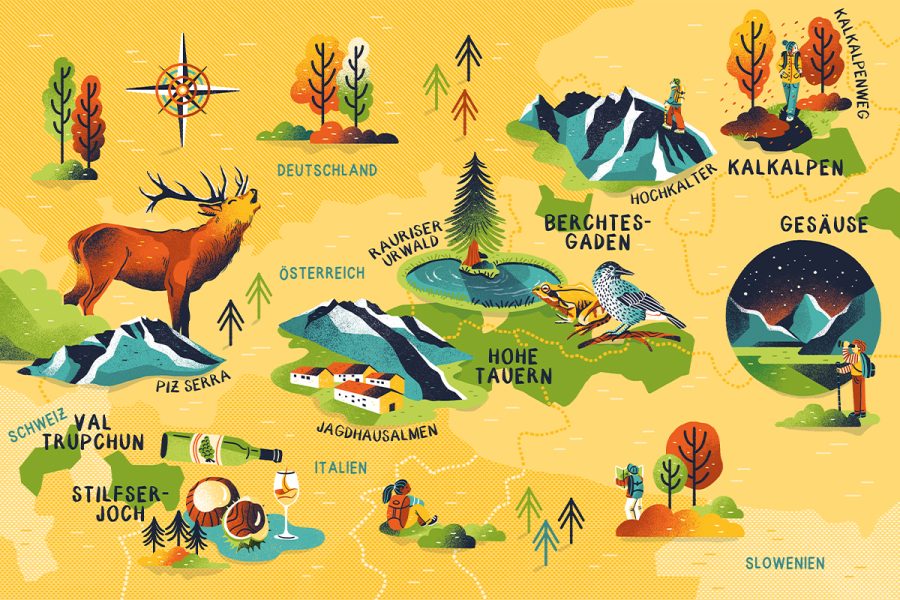 Nationalparks Bergwelten Magazine Editorial Illustration Sandra Neuditschko 2021