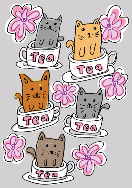 Cats_Teacups_Flowers_Hand_Drawn_Digital_Vector_Illustration
