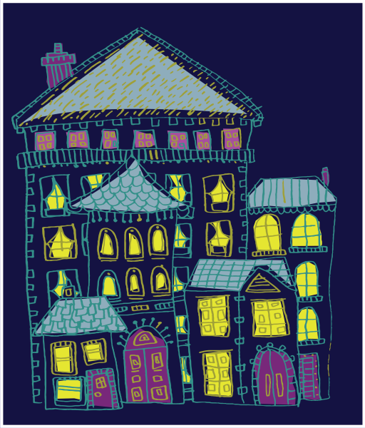 City_Buildings_Night_Lights_Hand_Drawn_Digital_Vector_Graphic