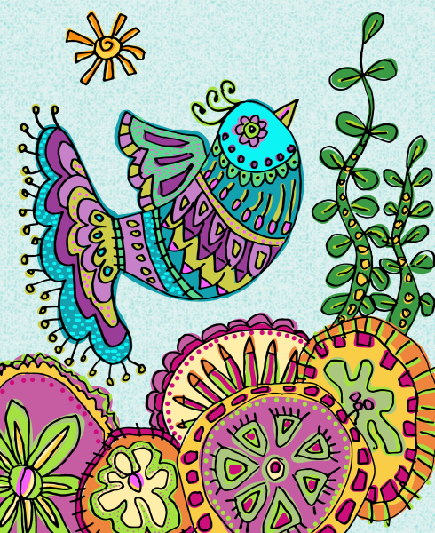 Colourful_Bird_Flying_Flowers_Hand_Drawn_Digital_Vector_Illustration